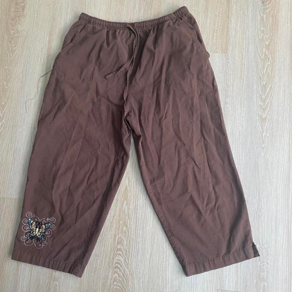 Vintage Jane Ashle Brown butterfly embroidered beaded Y2K capri pants Size S